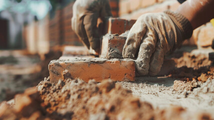 Hands of a seasoned construction worker expertly laying bricks.