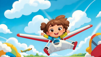 Joyful Journey. Little Kids Soaring Above the Clouds with a Magical Airplane.