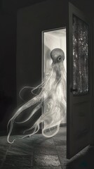 whispers of the deep: a spectral octopus floats through mystery's door