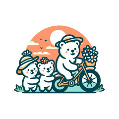 Adorable bears family in bike with flowers