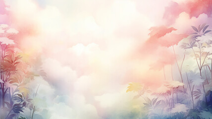 Obraz premium Multicolored clouds on the background of a thicket of deciduous forest, a background postcard in watercolor style