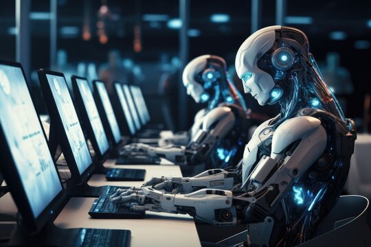 Humanoid robot interacting with computer screens, Robot work global data Generate Ai