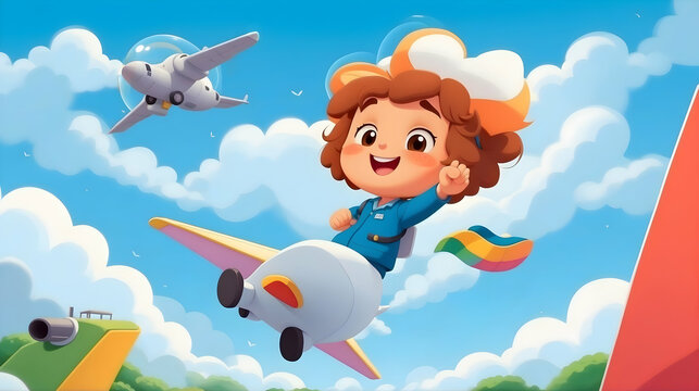 Joyful Journey. Little Kids Soaring Above the Clouds with a Magical Airplane.