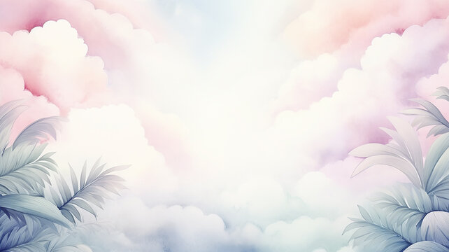 Multicolored clouds on a background of palm leaves, a watercolor postcard background