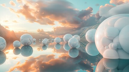 Harmonious spheres floating in a serene 3D abstract space, emanating tranquility through a palette of soft and soothing colors. - obrazy, fototapety, plakaty
