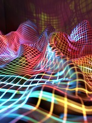 A colorful, abstract image of a mountain range with a bright