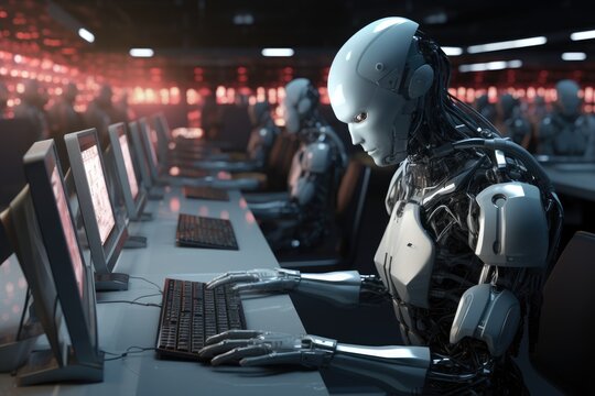 Humanoid robot interacting with computer screens, Chatbots working and chatting, Ai generated