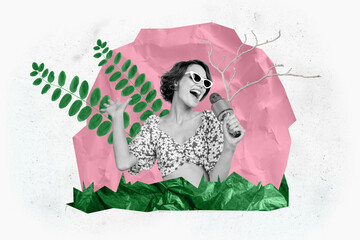 Collage picture of overjoyed black white colors girl hold microphone singing green plant leaves dry...