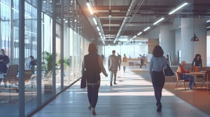 office employees at coworking center. Business people walking at modern open space