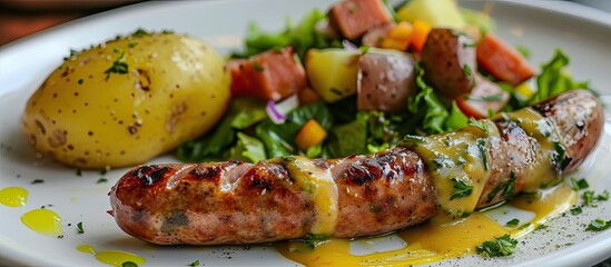 A white plate is filled with a delicious combination of Bockwurst sausage, tender potato, and fresh salad topped with a tangy mustard dressing. The savory flavors and textures create a satisfying meal