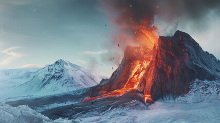 An erupting volcano amid a snowy landscape, a dramatic fusion of fire and ice.