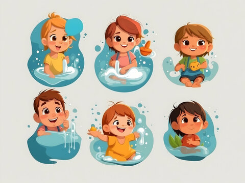 Joyful Collection. Icon Set of Little Kids Playing in Water.