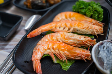 korea Seafood. Cooked shrimp. Ripe prawn