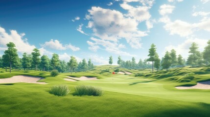 A view of a hill with a green golf course on a sunny day. Golf course with flags and sand bunkers. Green grass and trees with white sand trap. - Powered by Adobe
