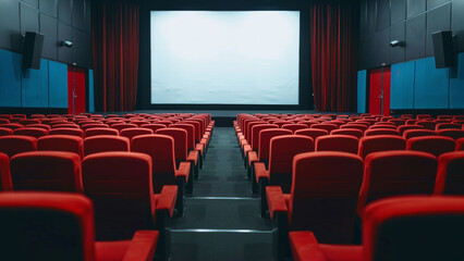 Empty red cinema seats face a blank projection screen, waiting for stories to unfold.