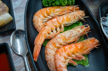 korea Seafood. Cooked shrimp. Ripe prawn