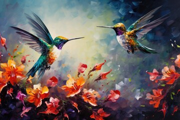 A pair of hummingbirds feeding on honey from a flower , Hummingbirds hovering over brightly colored flowers. Ai generated - obrazy, fototapety, plakaty