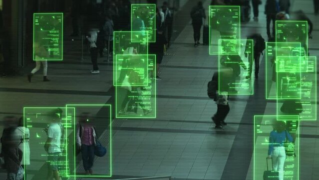 Surveillance camera with artificial intelligence recognizes and identifies people in public place. Street CCTV identifies human faces. Personality recognition software concept. Facial Identification.
