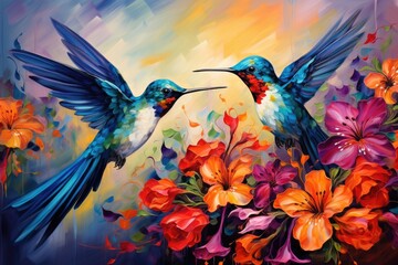 Hummingbirds hovering over brightly colored flowers, Small bird perching on branch vibrant, Ai generated - obrazy, fototapety, plakaty