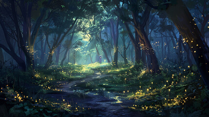 A magical forest illuminated by the soft glow of fireflies dancing among the trees. - obrazy, fototapety, plakaty