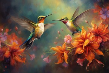 Hummingbirds hovering over brightly colored flowers, Hummingbird vibrant colors flying in nature spread wings, Ai generated - obrazy, fototapety, plakaty