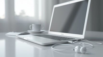 High-quality image capturing the simplicity and elegance of a laptop, tablets, and earphones on a clean, white surface. - obrazy, fototapety, plakaty
