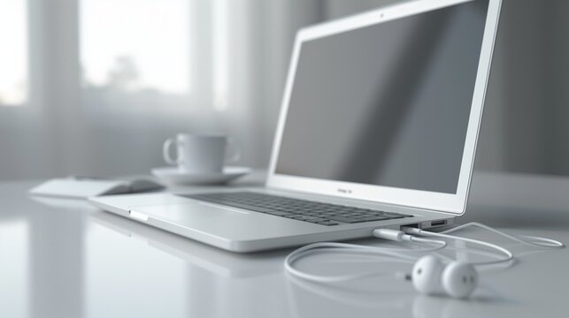 High-quality image capturing the simplicity and elegance of a laptop, tablets, and earphones on a clean, white surface.