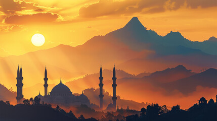 A majestic mountain range silhouetted against the golden hues of a sunset, a perfect backdrop for Eid ul Azha greetings.