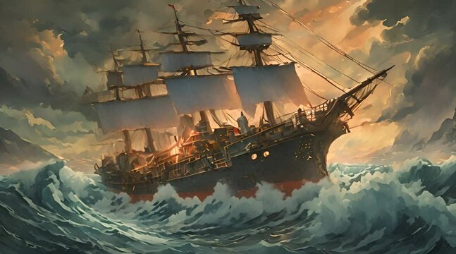 Abstract animation of a frigate sailing on the waves, sea, storm, rain, cloudy sky. Sailboat, old ship, cartoon style, mountains on the background, evening, sunset. Generative by AI