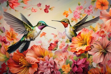 Fototapeta premium Hummingbirds hovering over brightly colored flowers, Hummingbirds in pairs and a pink flower Ai Generated