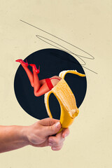 Composite collage image of hand hold banana legs red lingerie erotic seductive girl promo concept...
