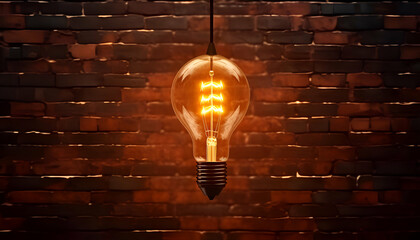 Vintage light bulb on brick wall background. Idea concept. 3D Rendering