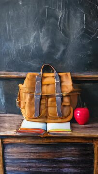 A yellow backpack sits on a desk next to a red apple and a book