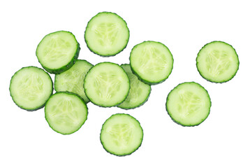 Round cucumber slices isolated on transparent background, top view.