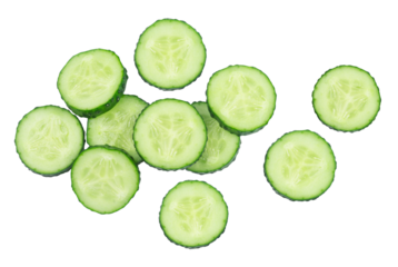 Round cucumber slices isolated on transparent background, top view.