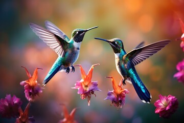 Fototapeta premium Hummingbirds hovering over brightly colored flowers, Hummingbirds in pairs and a pink flower Ai Generated