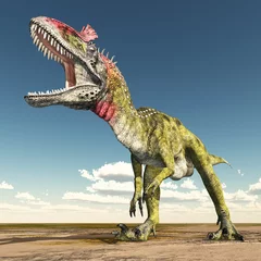 Küchenrückwand glas motiv Dinosaurier Cryolophosaurus in einer Landschaft © Michael Rosskothen
