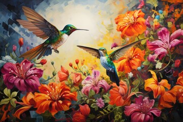 Hummingbirds hovering over brightly colored flowers, Hummingbirds in pairs and a pink flower Ai Generated