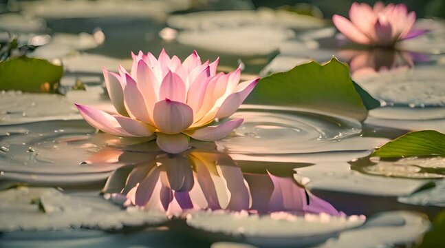 Abstract animation of lotus on the surface of a reservoir, pond, above water foliage. Realistic style, realistic image in water, rare plant, red book, flower, nature. Generated by AI
