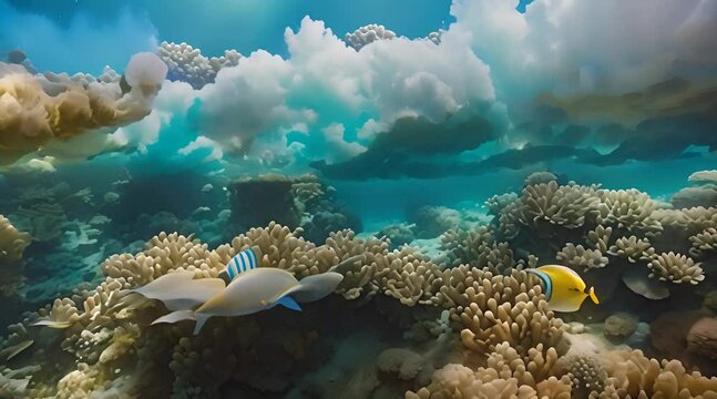 Abstract animation of underwater corals, undersea world, fish, fry, clear bright water, wave, sea foam, sun rays, diving. Marine environment, underwater creatures and ecosystem. Generated by AI