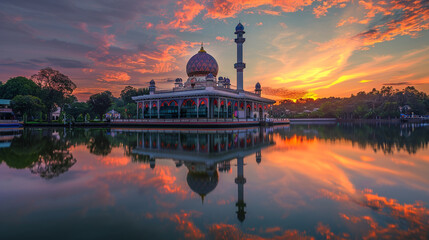 A tranquil lake reflecting the colorful hues of the Eid ul Azha sky, providing a serene backdrop for contemplation and prayer. - obrazy, fototapety, plakaty