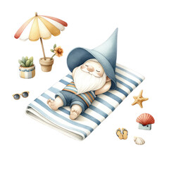 Fototapeta na wymiar Summer time with cute gnomes. gnomes on the beach and in the pool. Active summer vacation. gnome Sunbathing on a beach towel. 