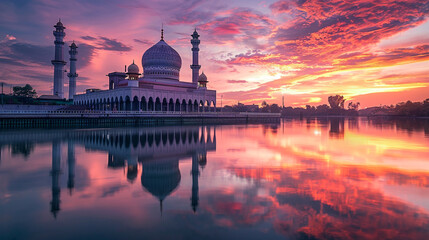 A tranquil lake reflecting the colorful hues of the Eid ul Azha sky, providing a serene backdrop...