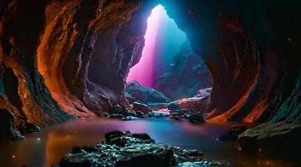 Abstract animation of a cave illuminated by rainbow lava flows. Underground river, belowground current, bright multi colored stream underground. mystical, unrealistic concept. Generative by AI - Powered by Adobe