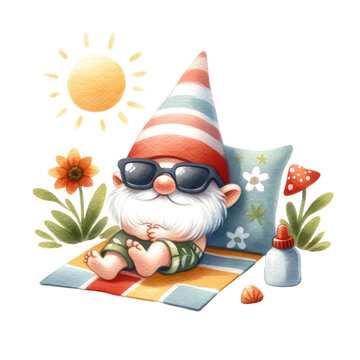recommend clip art: Summer time with cute gnomes. gnomes on the beach and in the pool. Active summer vacation. gnome Sunbathing on a beach towel. 
