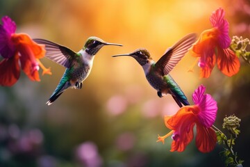 Fototapeta premium Hummingbirds hovering over brightly colored flowers, A painting of two birds with blue and green feathers , Ai generated