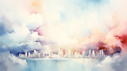 Foto op Aluminium Urban landscape in pink and blue clouds, background postcard in watercolor style © kichigin19