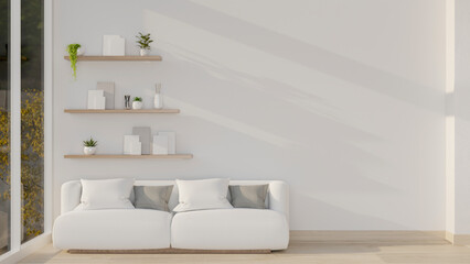 A contemporary white living room with a white couch, wall shelves, a parquet floor, and a white wall