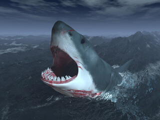 Großer weißer Hai im stürmischen Meer bei Nacht  - 751260755