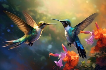 Fototapeta premium Hummingbirds hovering over brightly colored flowers, A painting of two birds with blue and green feathers , Ai generated